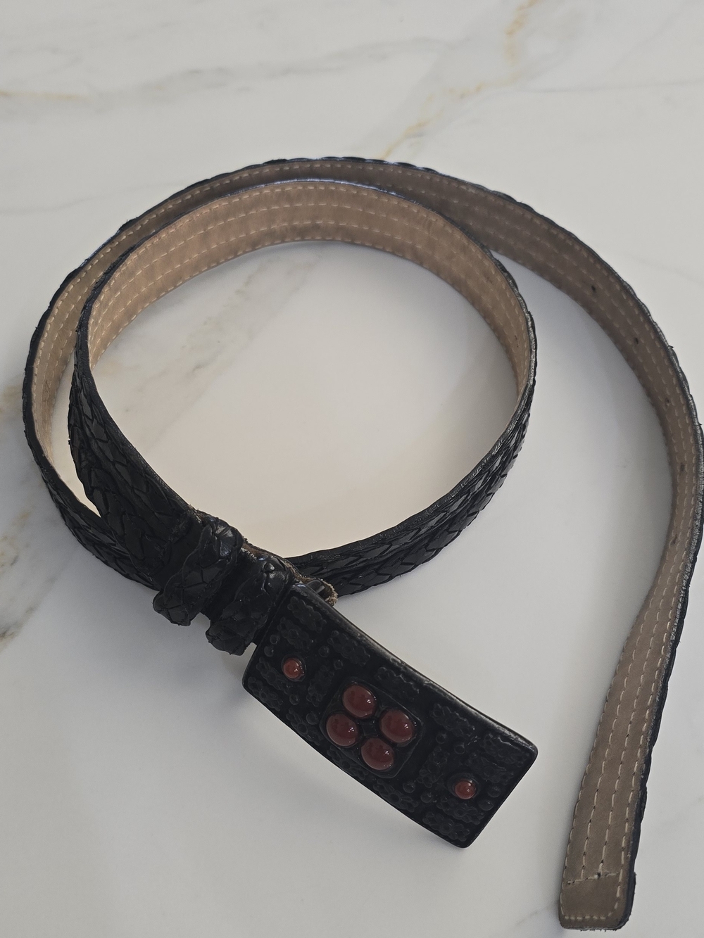 Black Textured Leather Women's Belt with Decorative Red/orange Accents